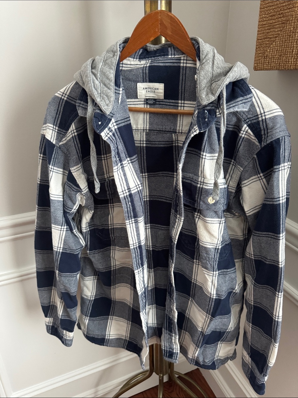 American Eagle Navy & White Plaid Hooded Flannel